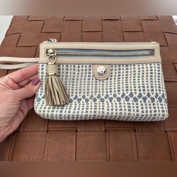 Spartina 449 Daufuskie Island Wristlet Canvas Leather Trim Purse Natural Linen - Picture 1 of 8